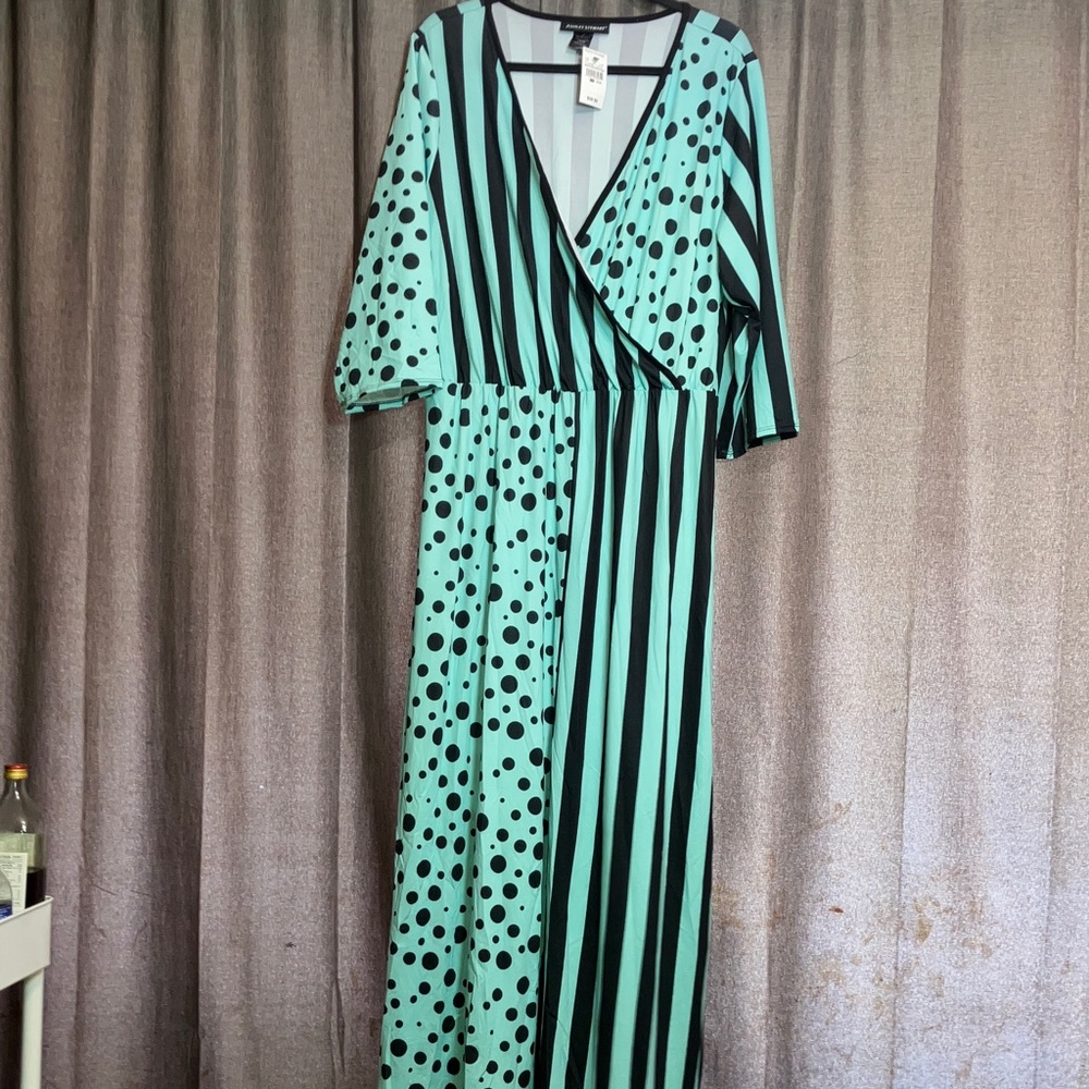 Ashley Stewart Mint and Black Patterned Long Sleeve Dress
